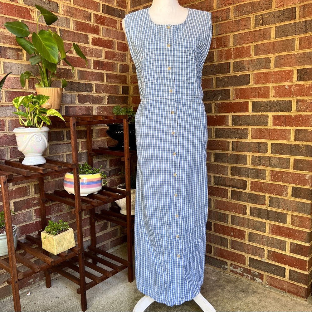 Vintage 90’s blue & white picnic plaid chambray button down maxi dress
